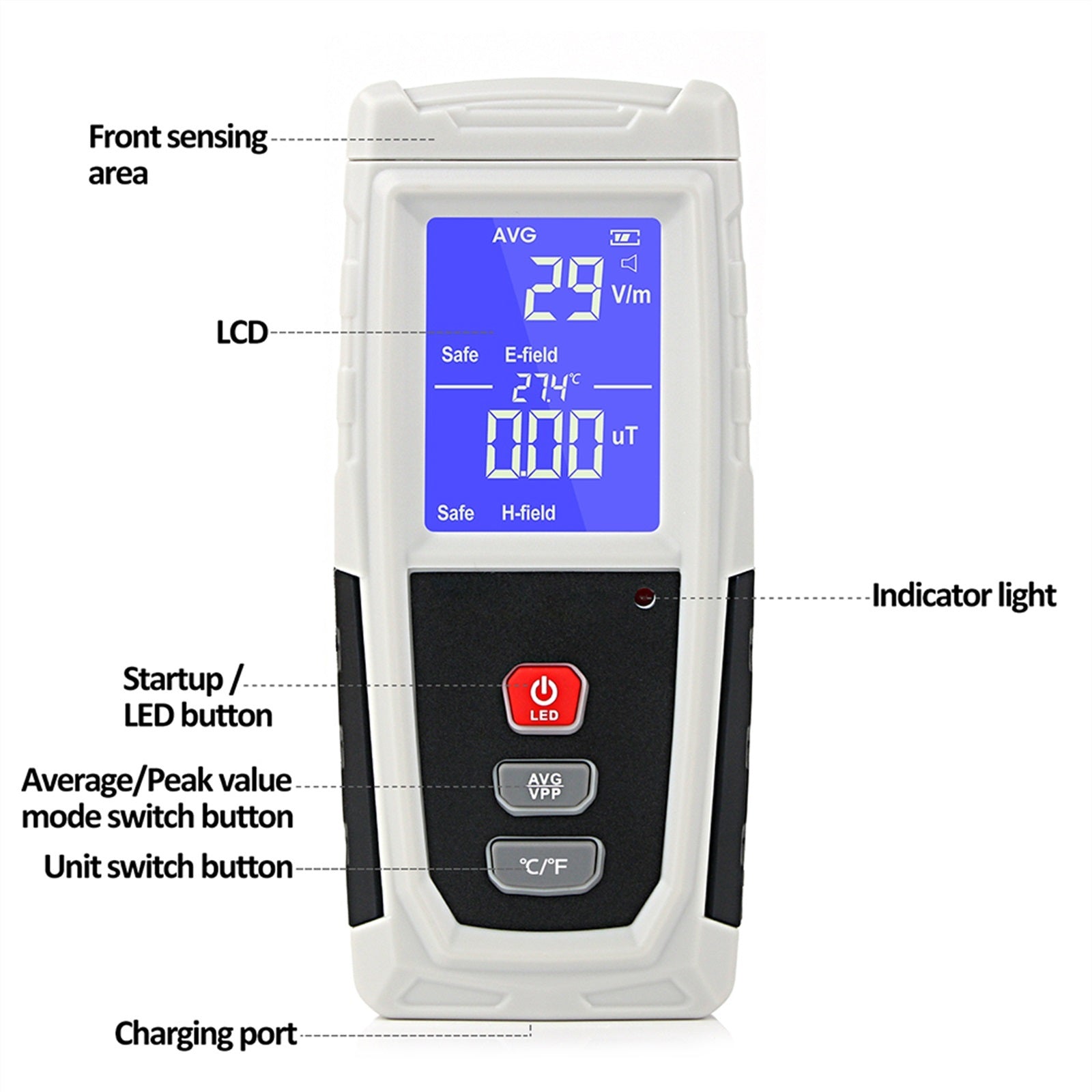 EMF meter, displaying a reading on its LCD screen.