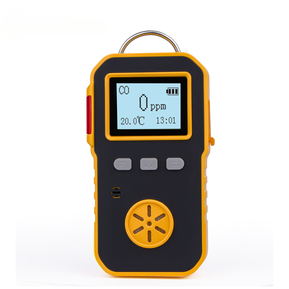 Close-up of the CO detector's HD display, showing a reading of 0 PPM in a safe environment.