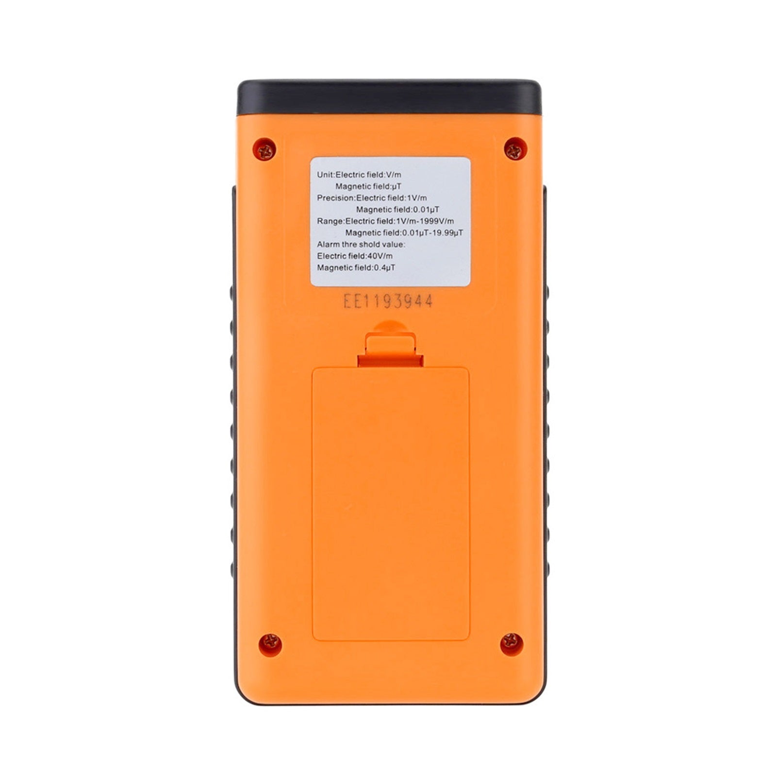 Rear view of the GM3120 detector, showing the 9V battery compartment and product specifications.