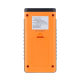 Rear view of the GM3120 detector, showing the 9V battery compartment and product specifications.