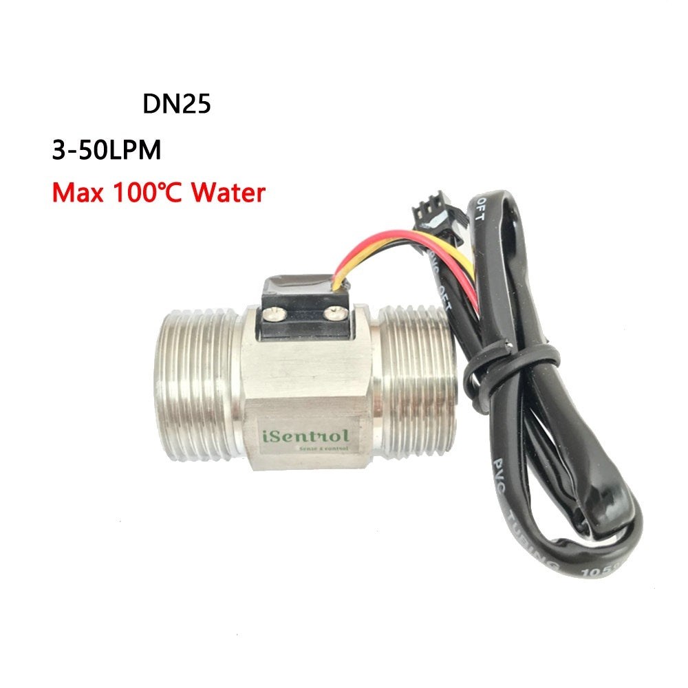 The USS-HS10TA stainless steel water flow sensor, highlighting its G1 male thread and the three-wire connection