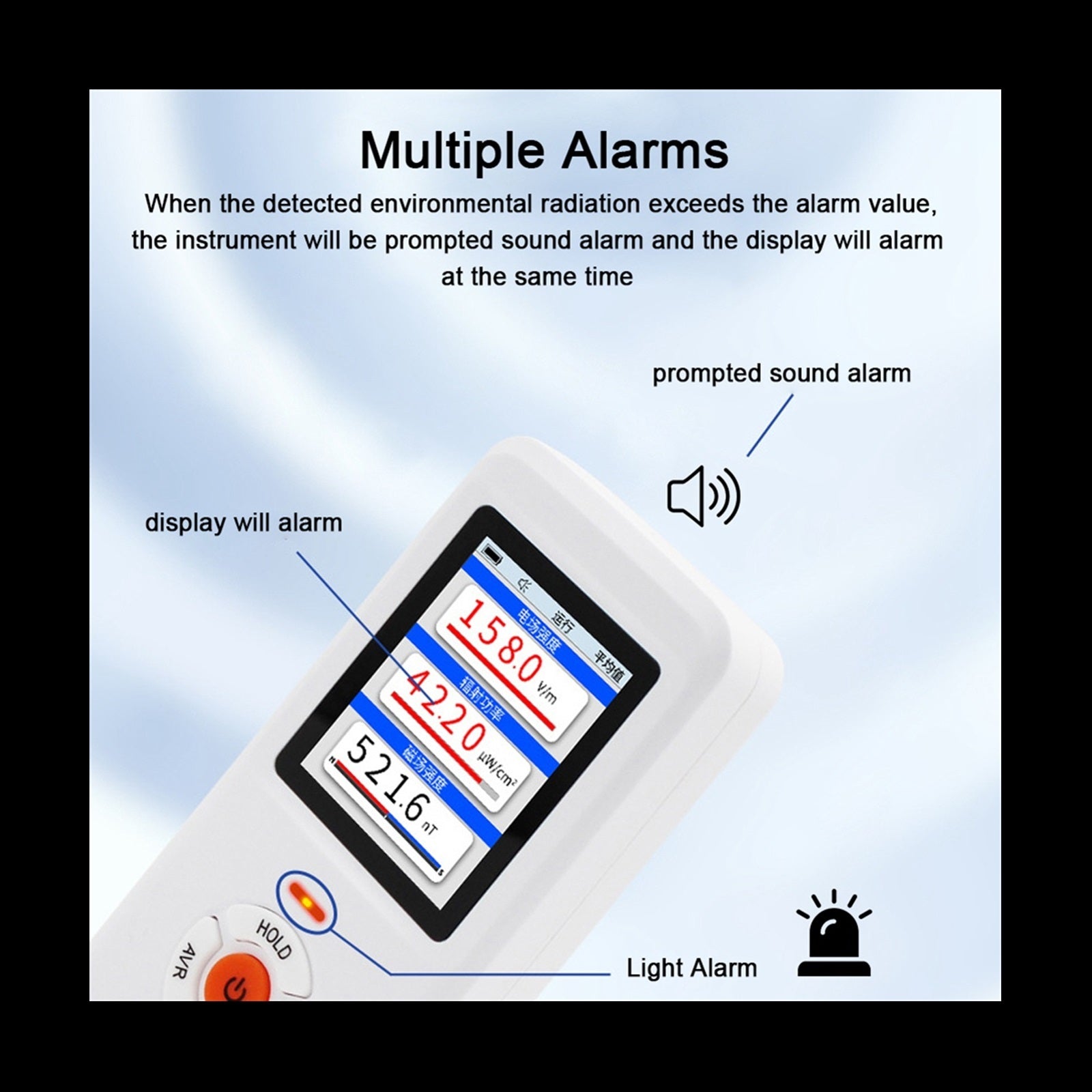 Close-up of the digital color display showing a real-time graph of electromagnetic field waveforms.
