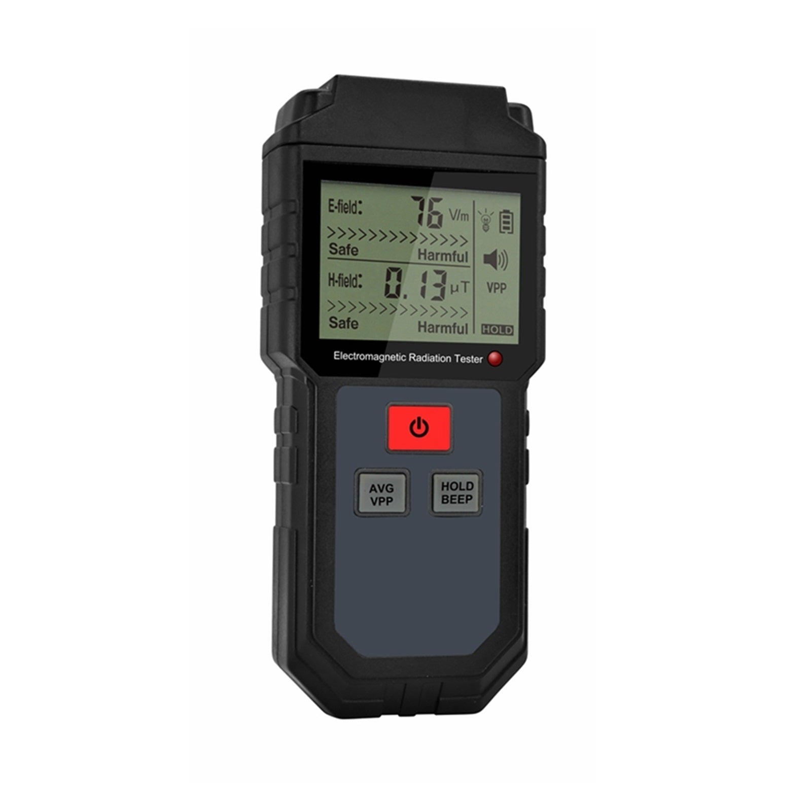The Handheld Digital EMF Meter from a frontal angle, highlighting its compact and portable design.