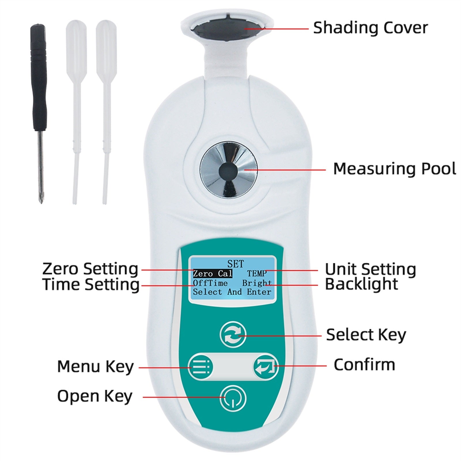 A close-up of the digital brix refractometer's prism and measurement area.