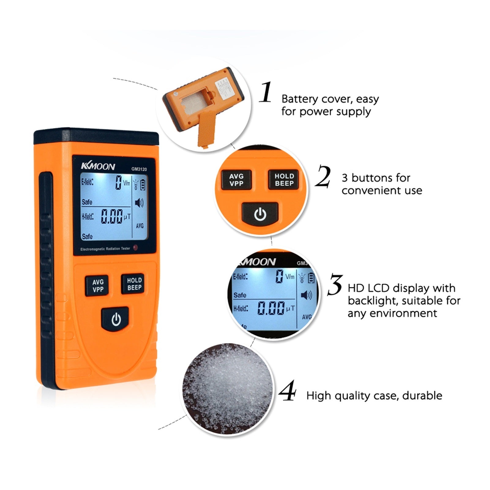 GM3120 EMF meter to demonstrate its portable size for on-the-go field measurements.