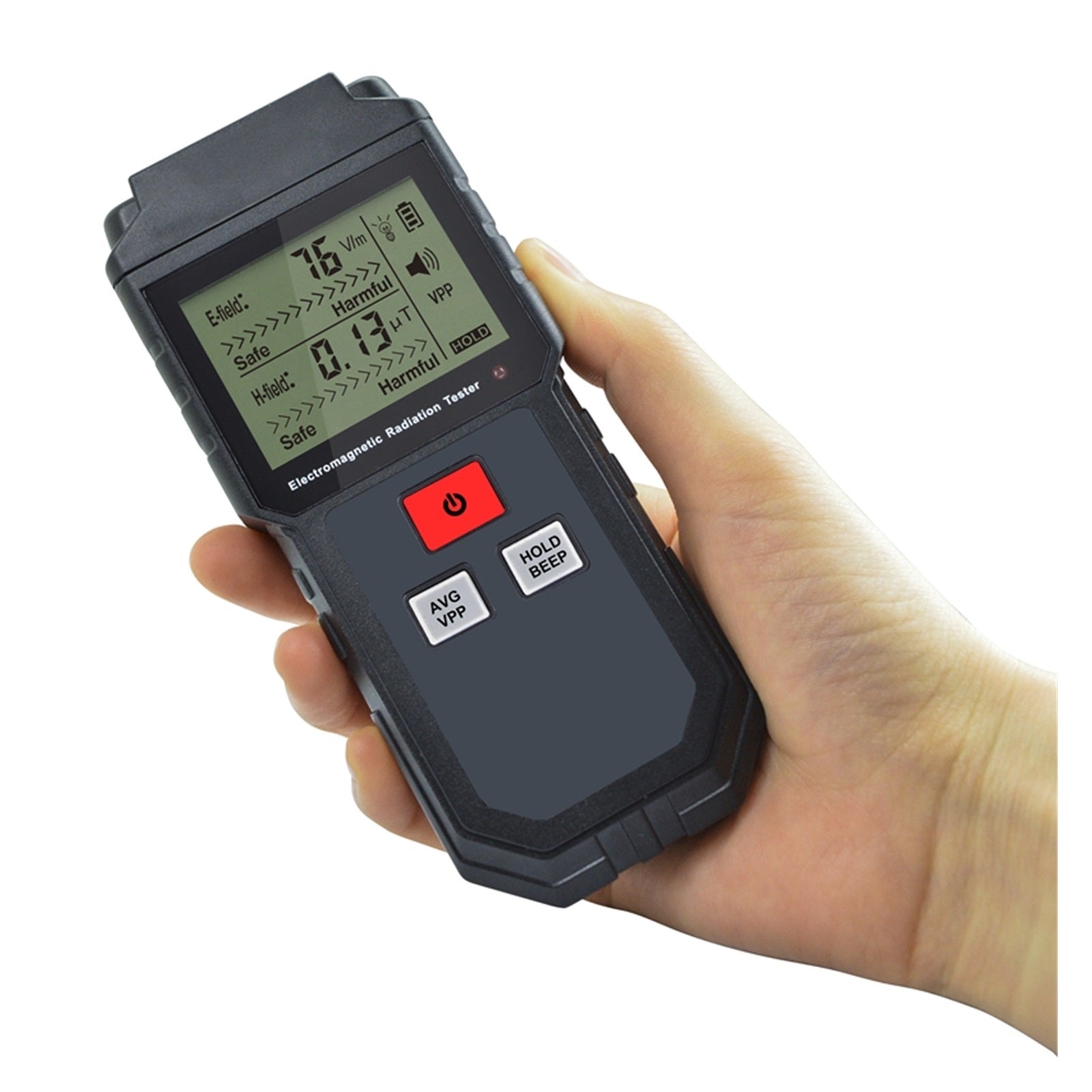 A person holding the Handheld Digital EMF Meter, displaying a reading on its LCD screen.