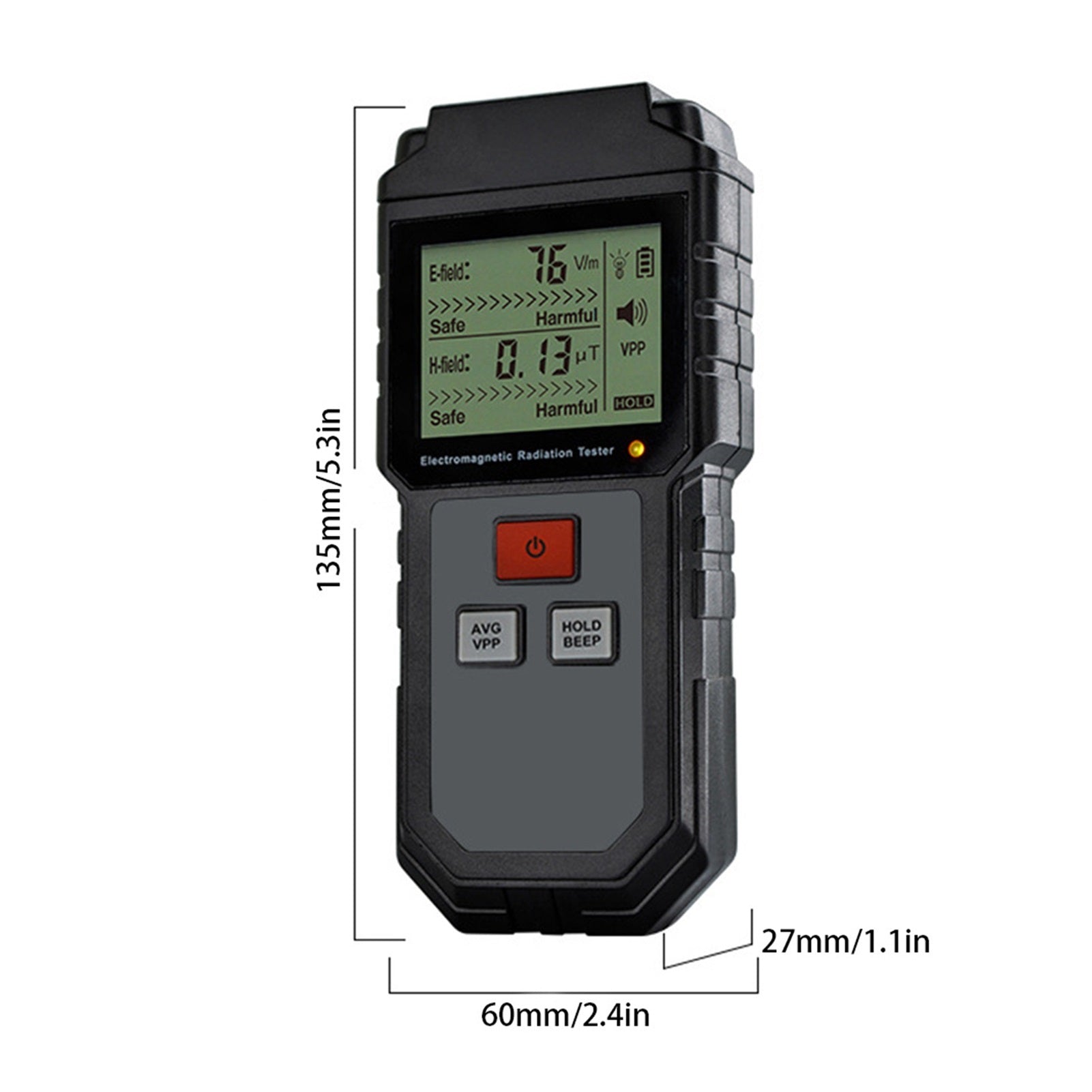 Detailed dimensions of the portable EMF detector, highlighting its compact size for easy handling.