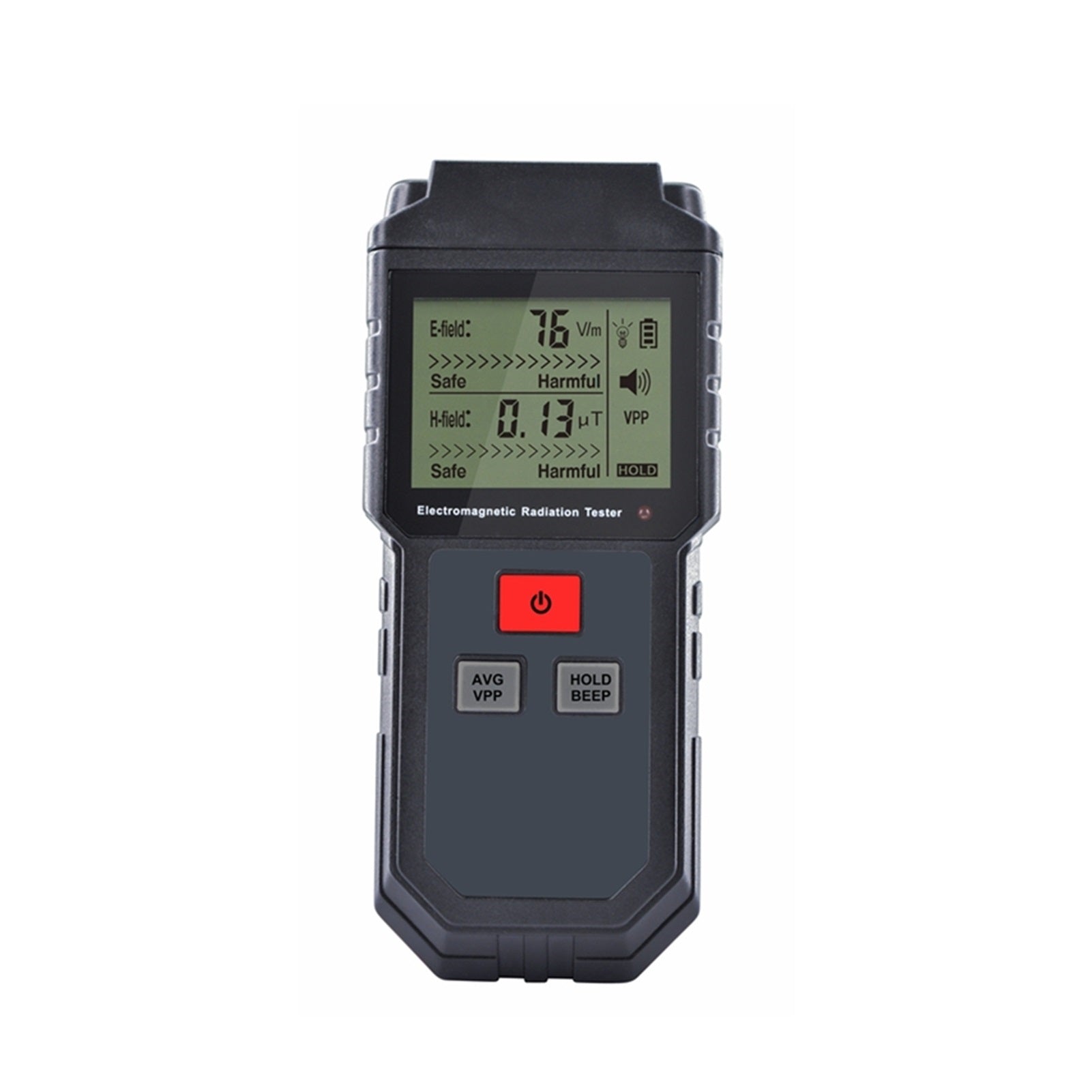 Close-up of the EMF meter's LCD screen showing both electric and magnetic field readings.