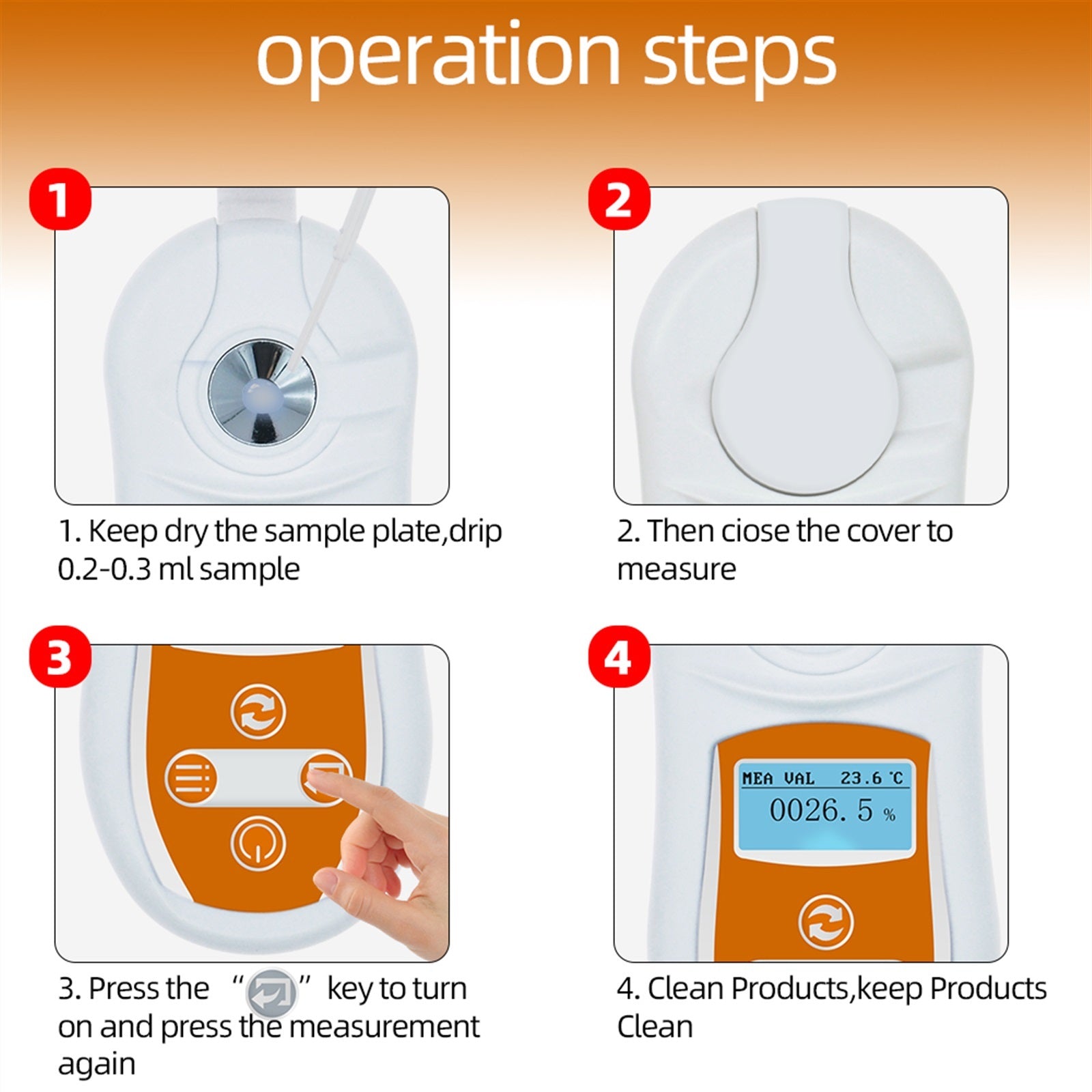 The digital brix refractometer being used to test the sugar content of a freshly cut orange.
