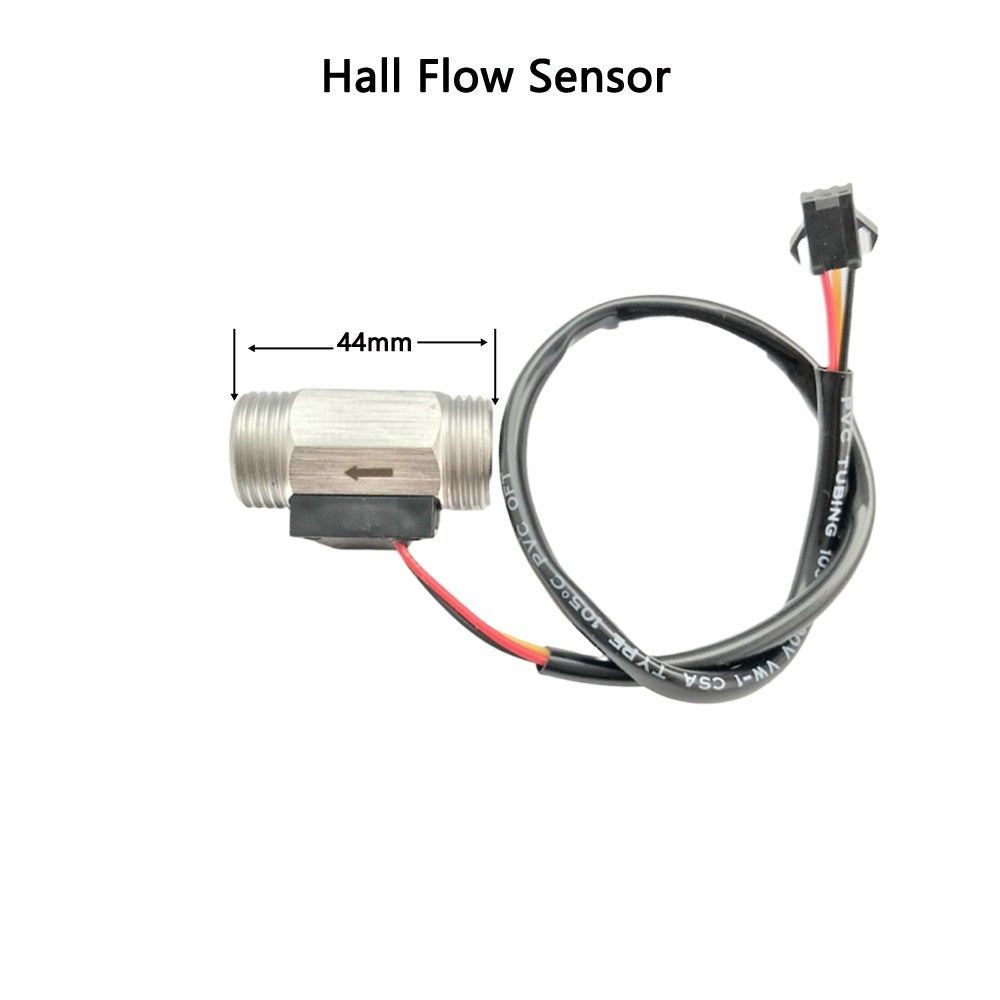 Technical diagram showing the precise dimensions of the water flow meter controller and the G1/2'' stainless steel sensor.