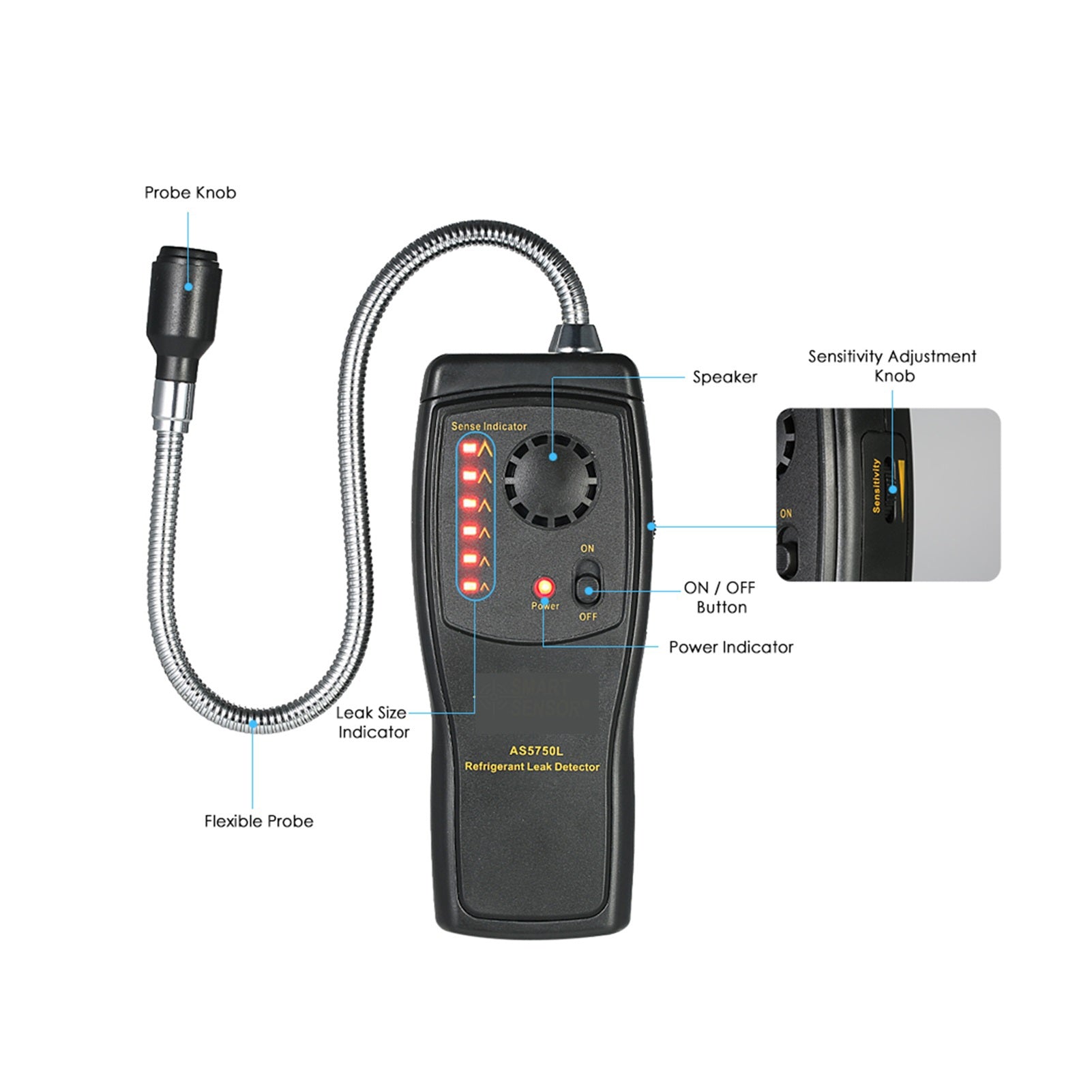 Close-up view of the halogen leak detector's flexible probe tip and the clear LED indicator lights.