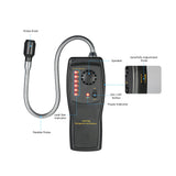 Close-up view of the halogen leak detector's flexible probe tip and the clear LED indicator lights.