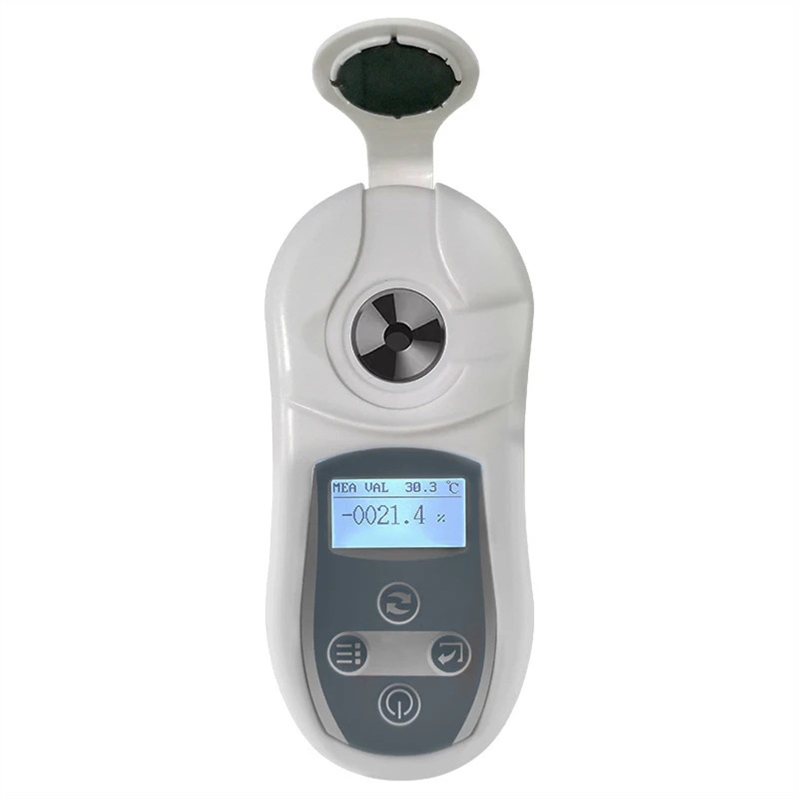 Front view of the digital salinity meter showing the LCD screen and measurement prism.