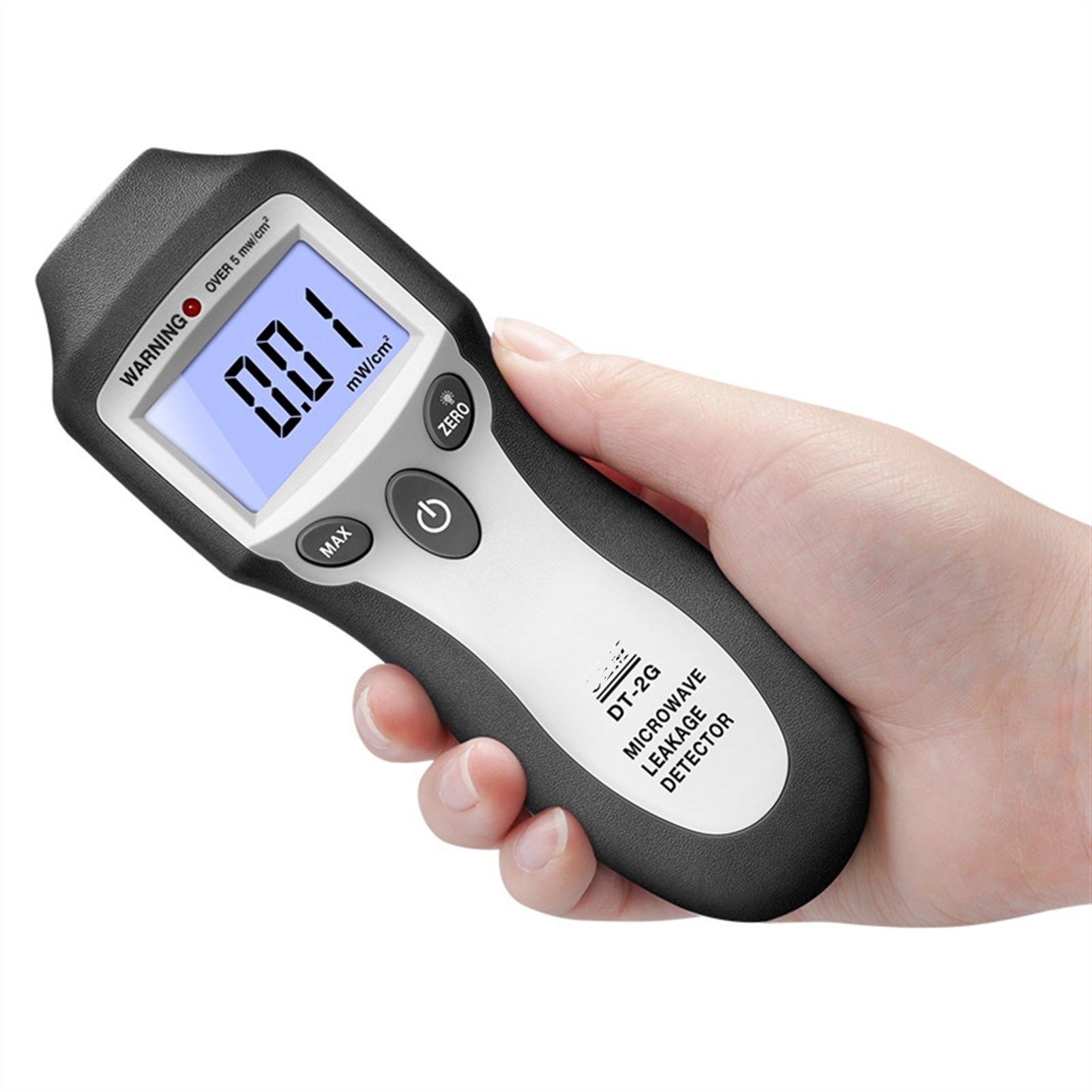 A person holding the EMF detector near a smartphone to test for electromagnetic fields.