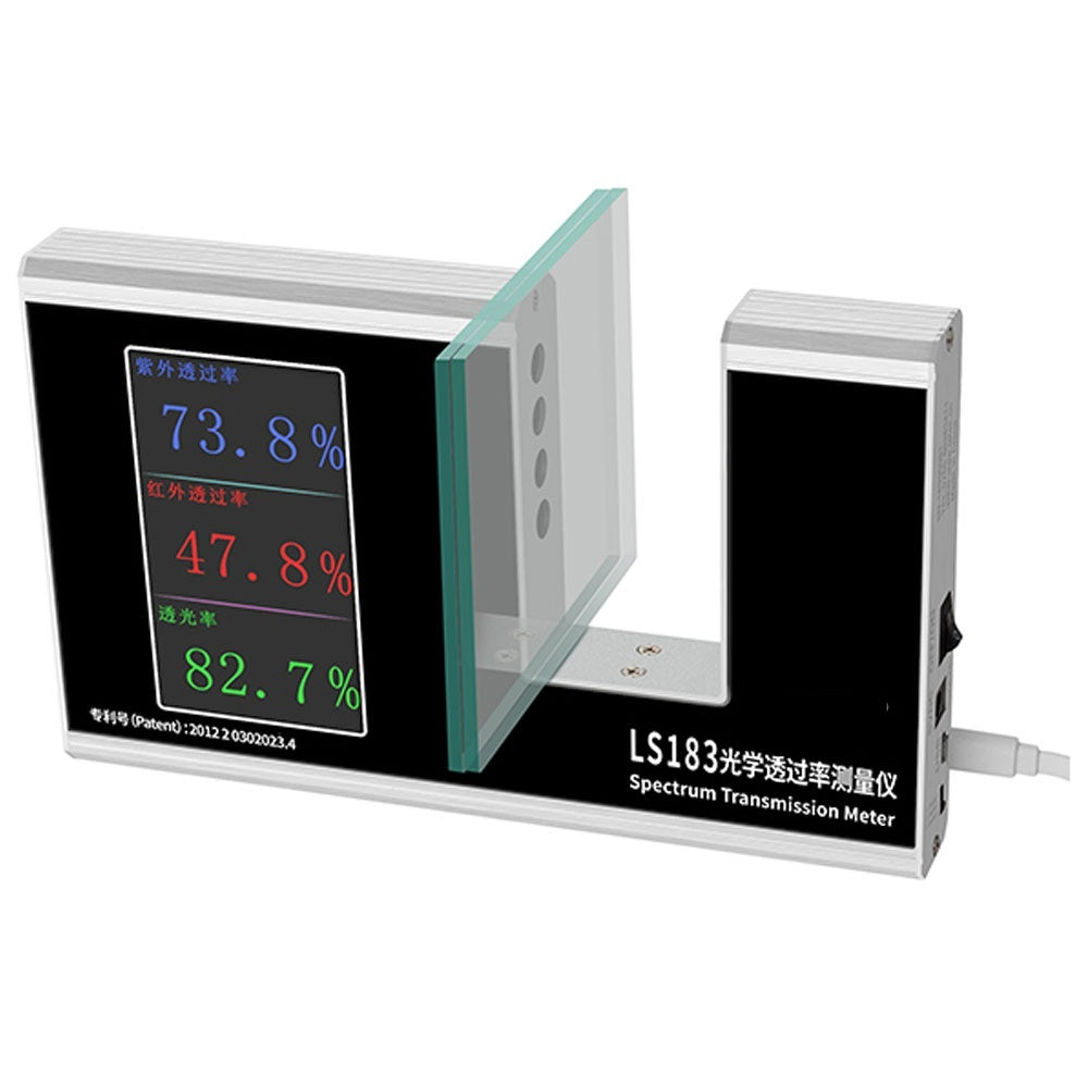 The LS183 meter being used to test the light transmission of a piece of tinted glass.