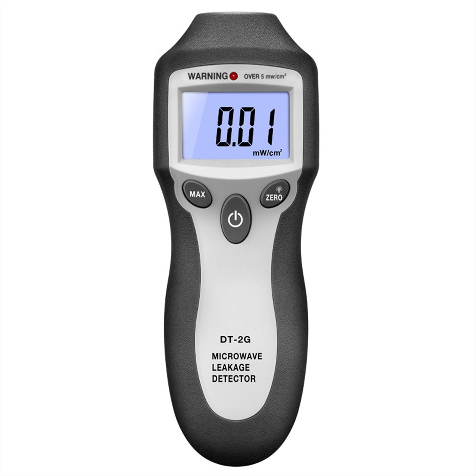 Front view of the DT-2G Digital EMF Reader showing the LCD screen and control buttons.