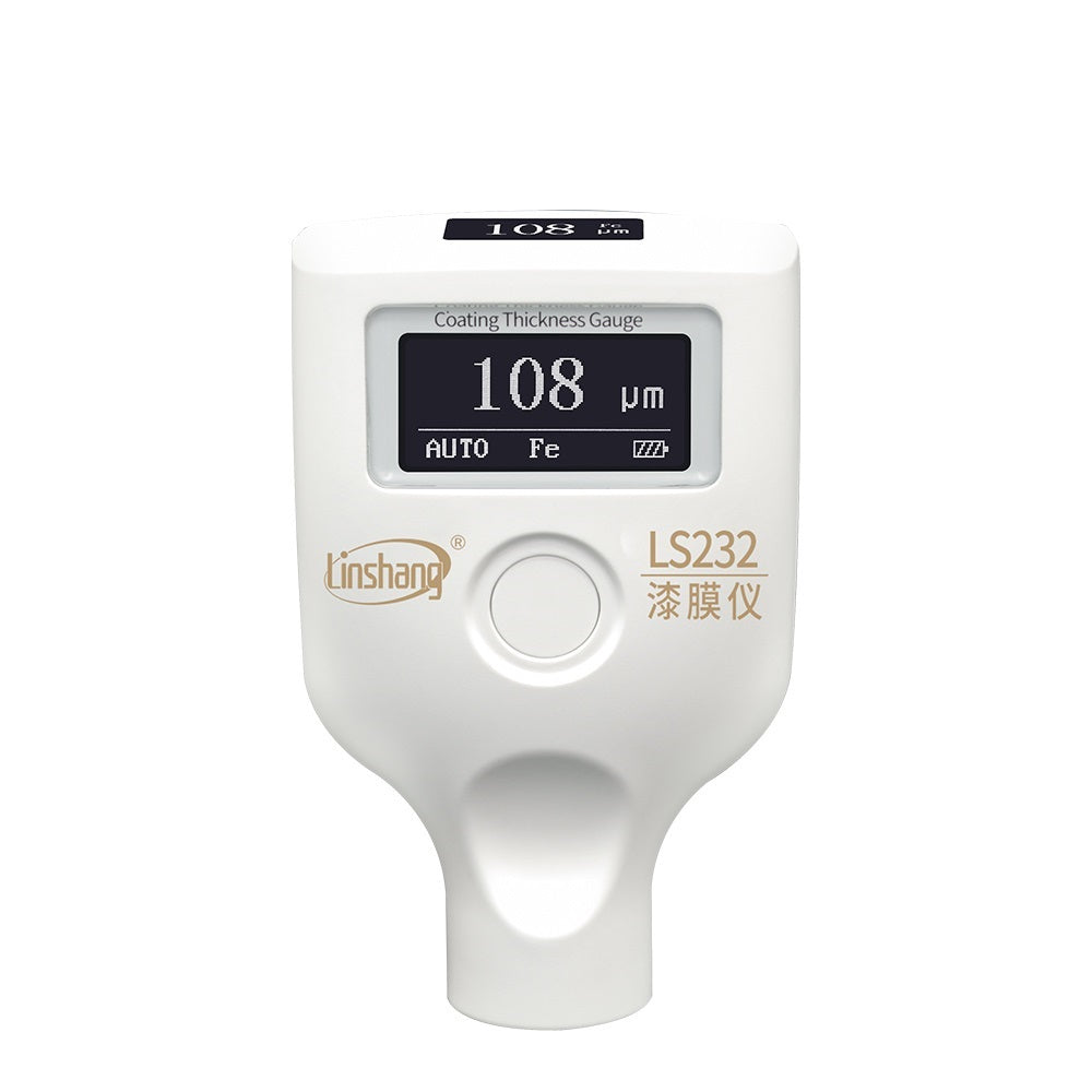 Close-up of the LS232 paint thickness meter showing the dual OLED screens with readings.