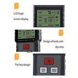The EMF meter's screen glowing red, indicating the sound and light alarm for high radiation levels.