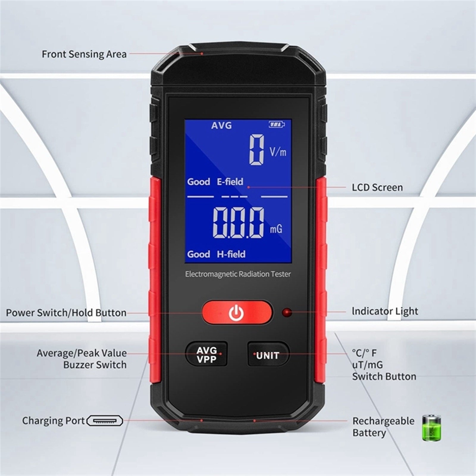 A diagram of the EMF meter showing its features, including the LCD display, control buttons, and sensor area.