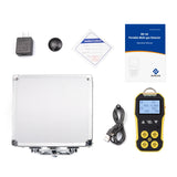 The complete multi-gas detector kit including the meter, charging cable, and carrying case.