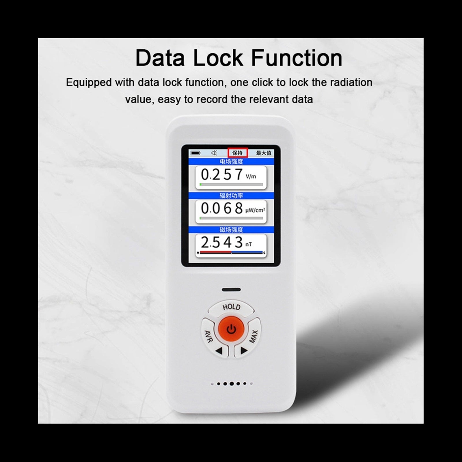 The handheld digital EMF meter, which displays readings on its bright color screen.