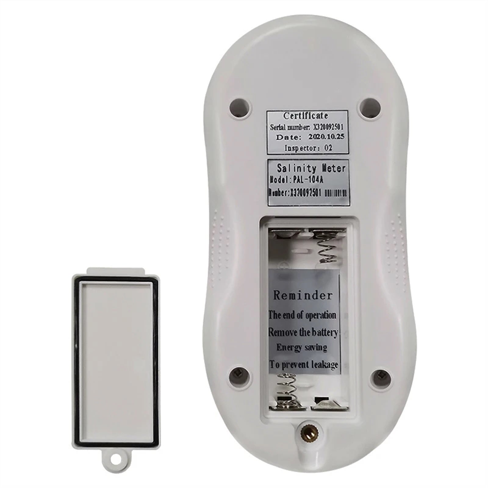 Digital salinity meter showing the battery installed on the back