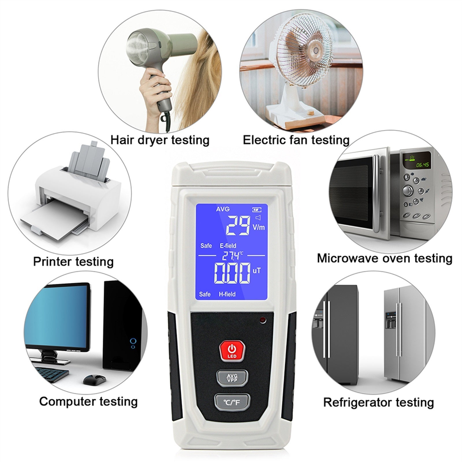 The EMF meter being used to test the electromagnetic field radiation from a microwave oven.