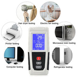 The EMF meter being used to test the electromagnetic field radiation from a microwave oven.