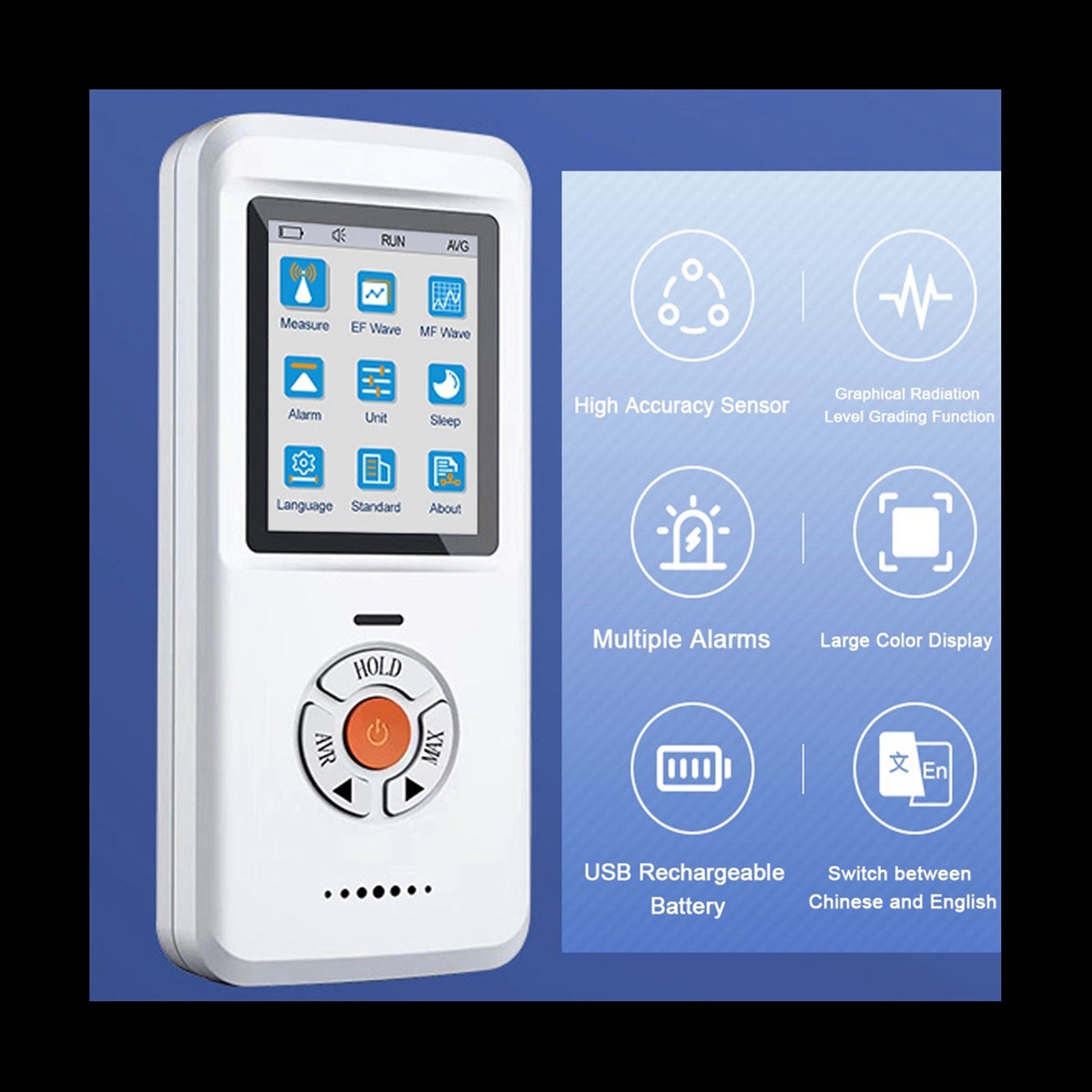 Side view of the EMF detector showing the easy-to-use control buttons for measurements and settings.