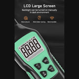 Close-up of the FY8809 EMF meter's screen, showing the digital readout and analog bar graph.