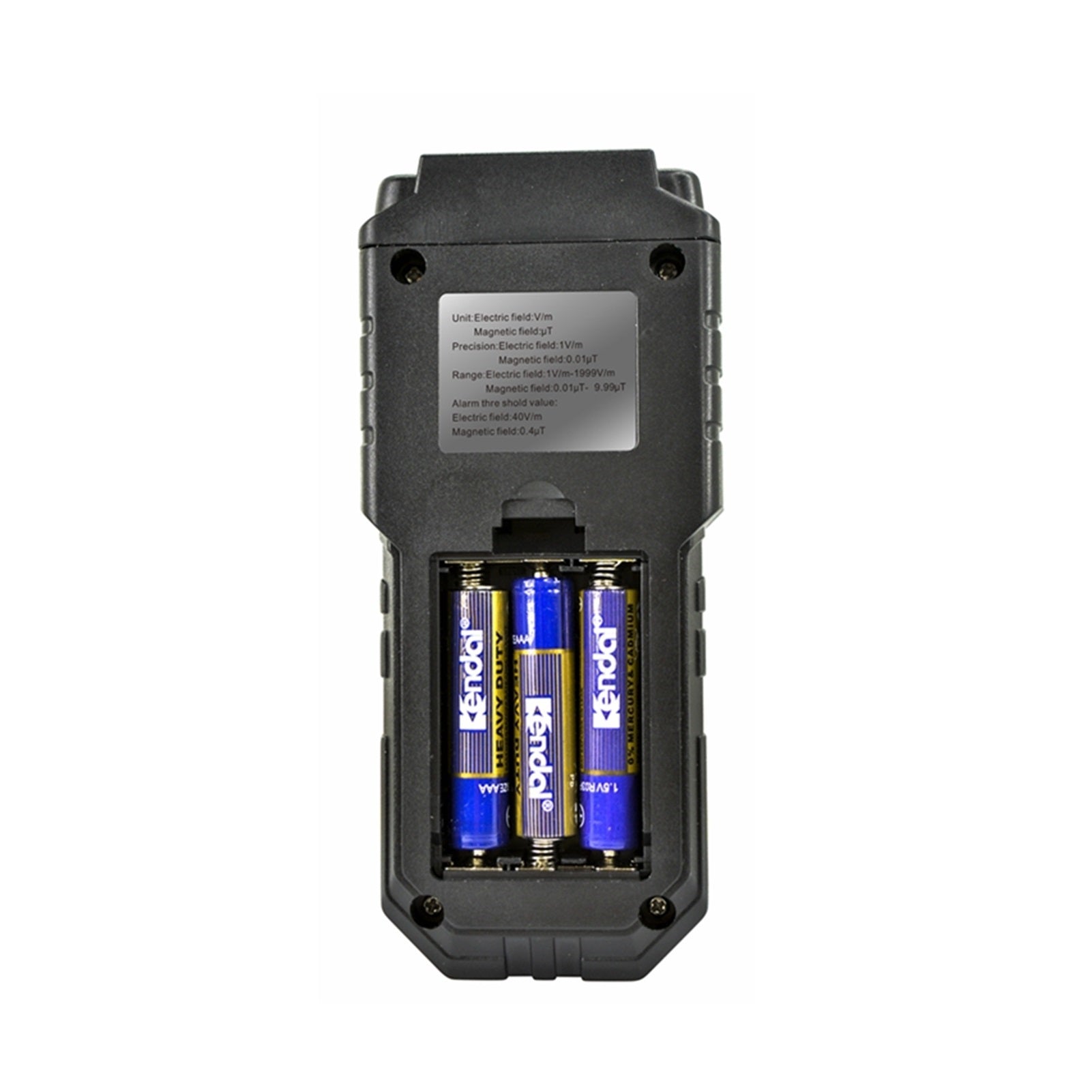 An electromagnetic field meter used to test electromagnetic radiation from a laptop computer, showing the back.