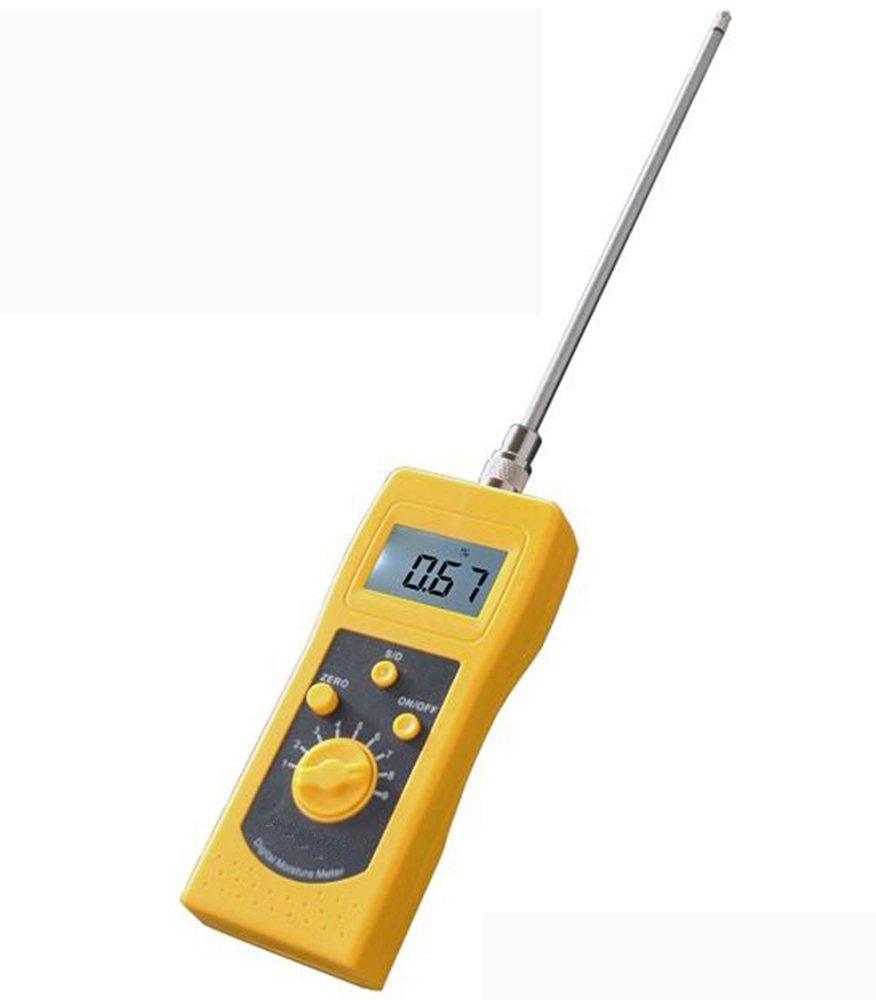 A close-up view of the DM300C moisture meter's control panel, showing the buttons and LCD screen.