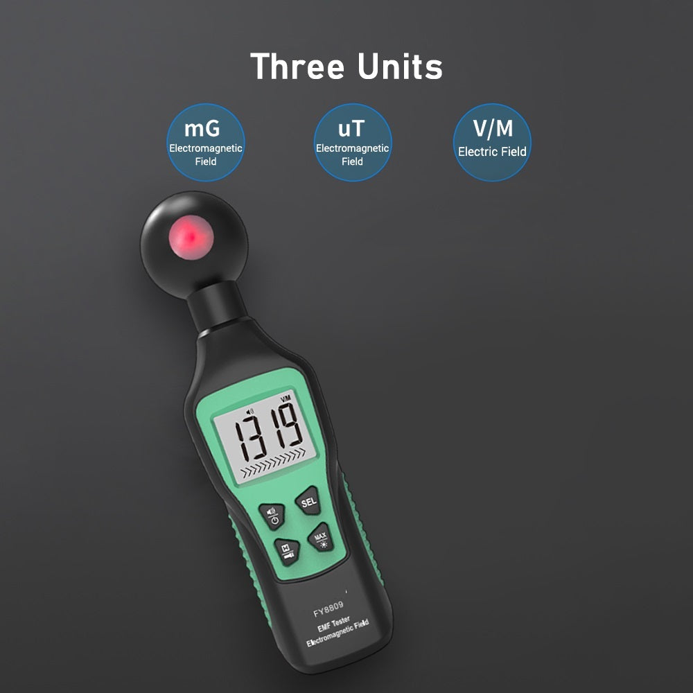 Diagram illustrating the various functions and buttons of the FY8809 EMF meter.
