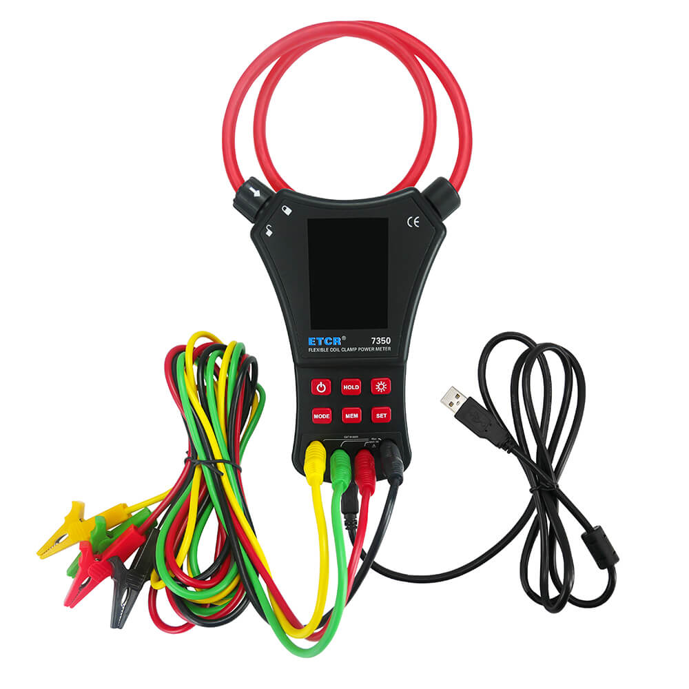 ETCR7350 power meter with its flexible Rogowski coil clamp demonstrated on a thick industrial cable.