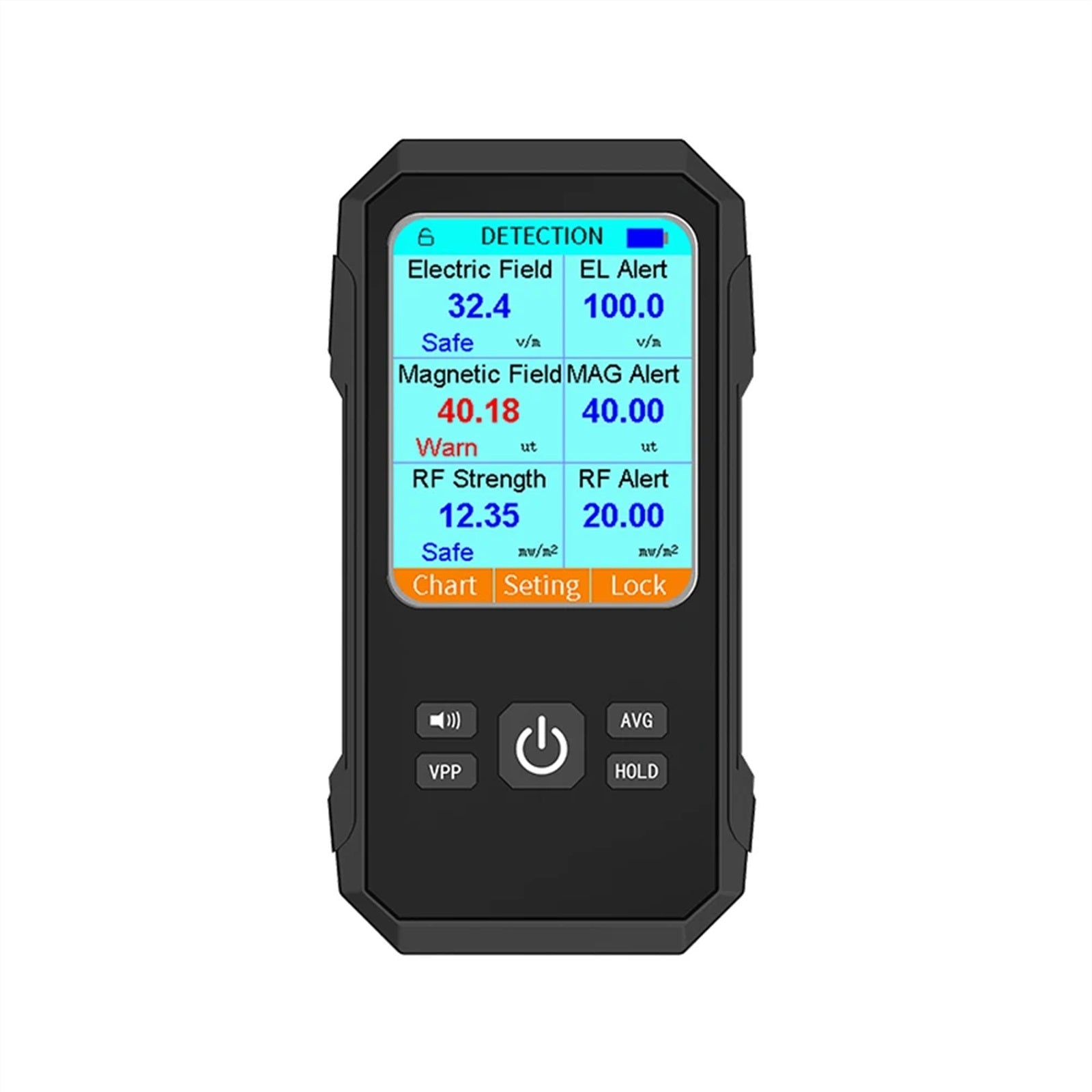 Front view of the black Digital 3-in-1 EMF Meter displaying its large color screen and control buttons.
