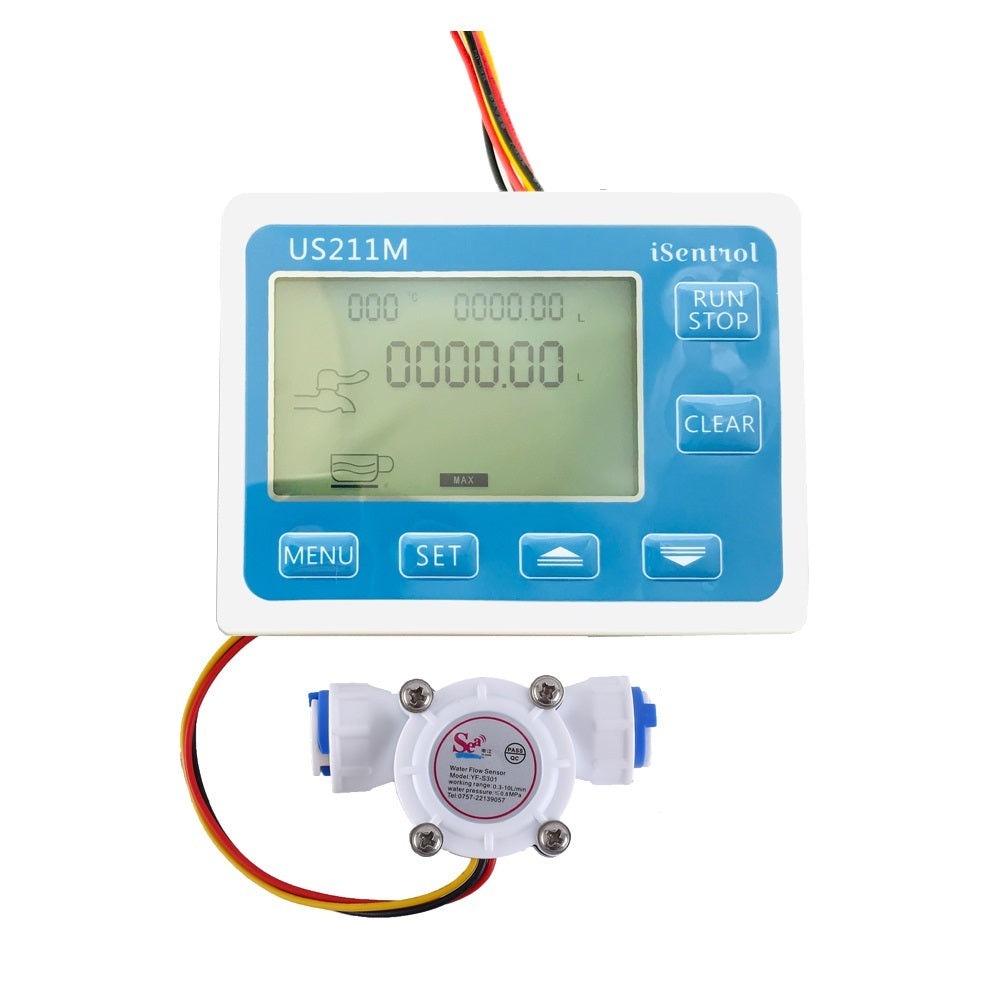 Digital flow meter with totalizer display, connected to a plastic water flow sensor and tubing.