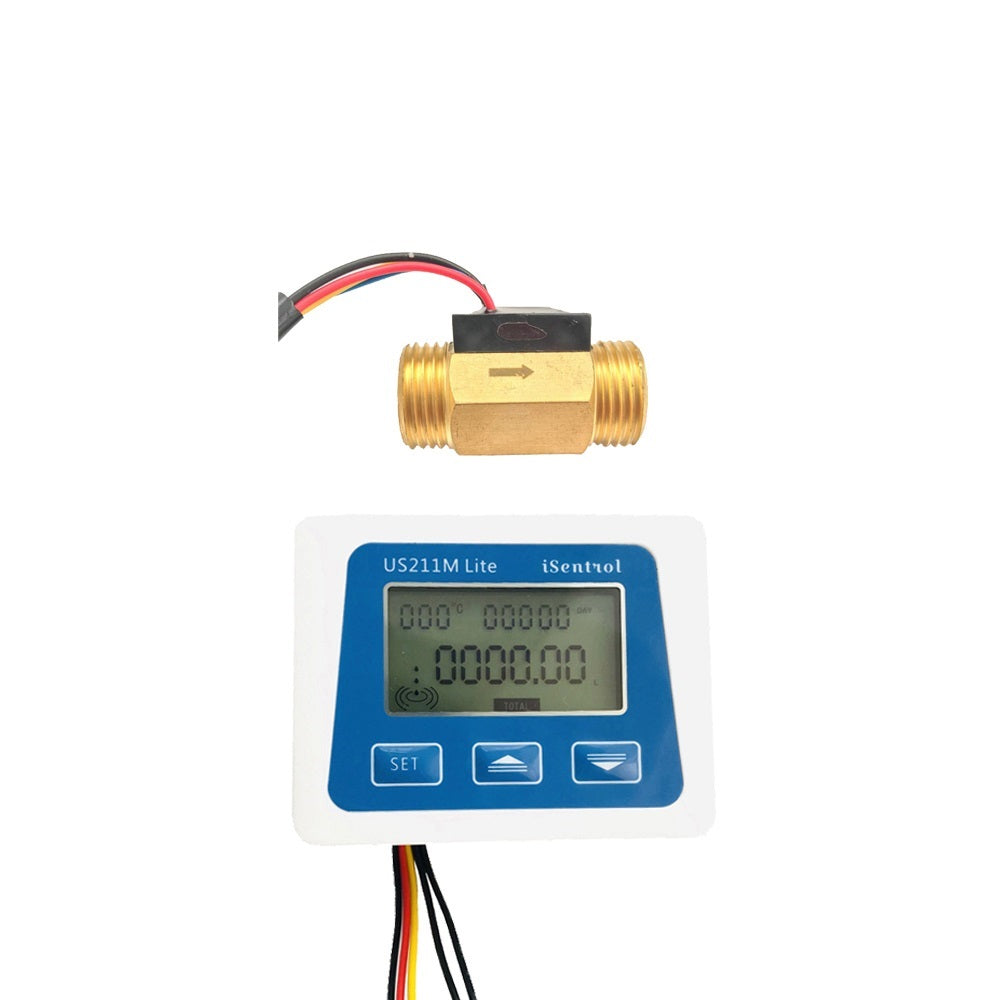 Front view of the Digital Flow Meter displaying flow rate, total volume, and temperature readings.
