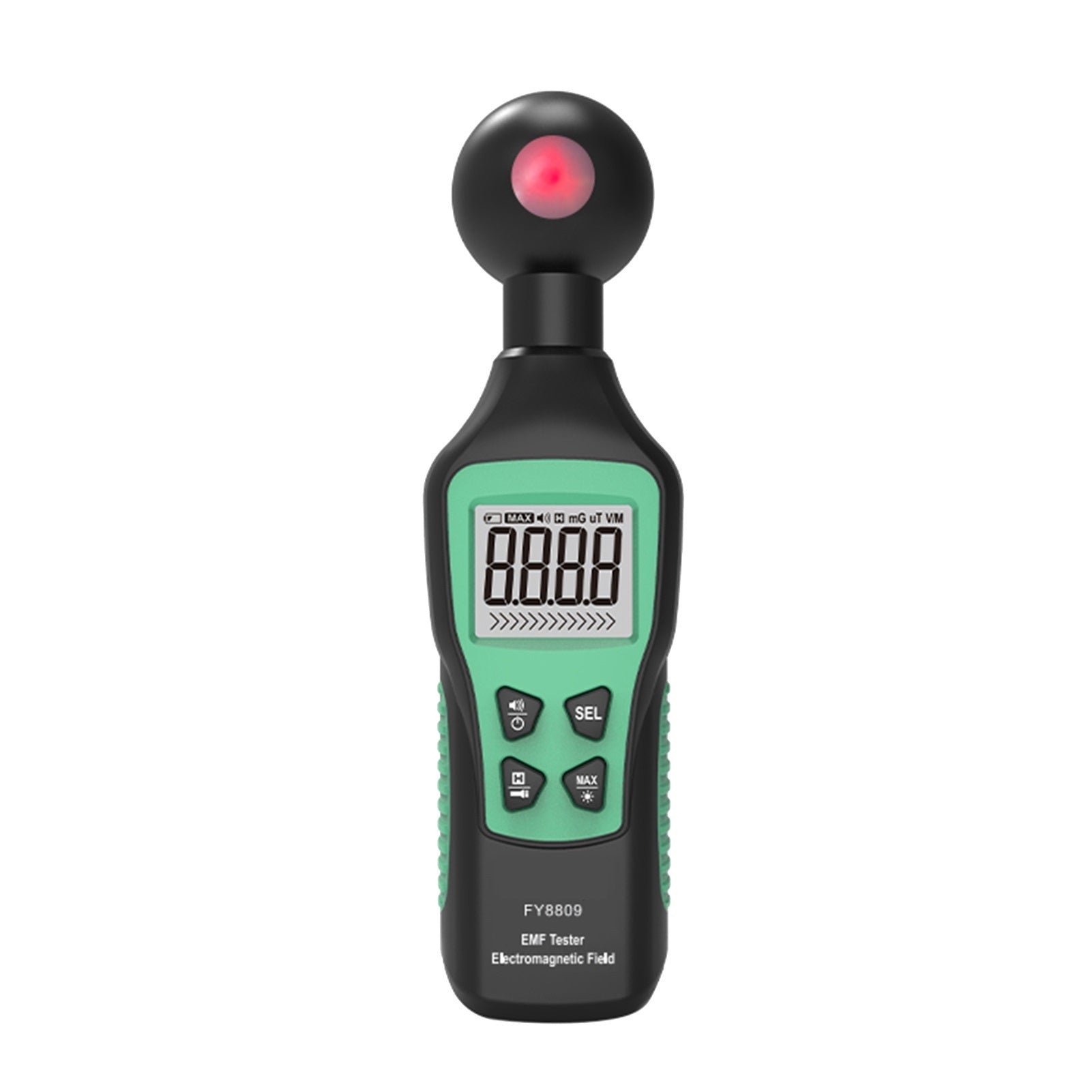Front view of the FY8809 Digital EMF Meter showing the LCD screen and control buttons.