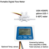 The digital flow meter and the φ6mm POM plastic water sensor shown side-by-side.