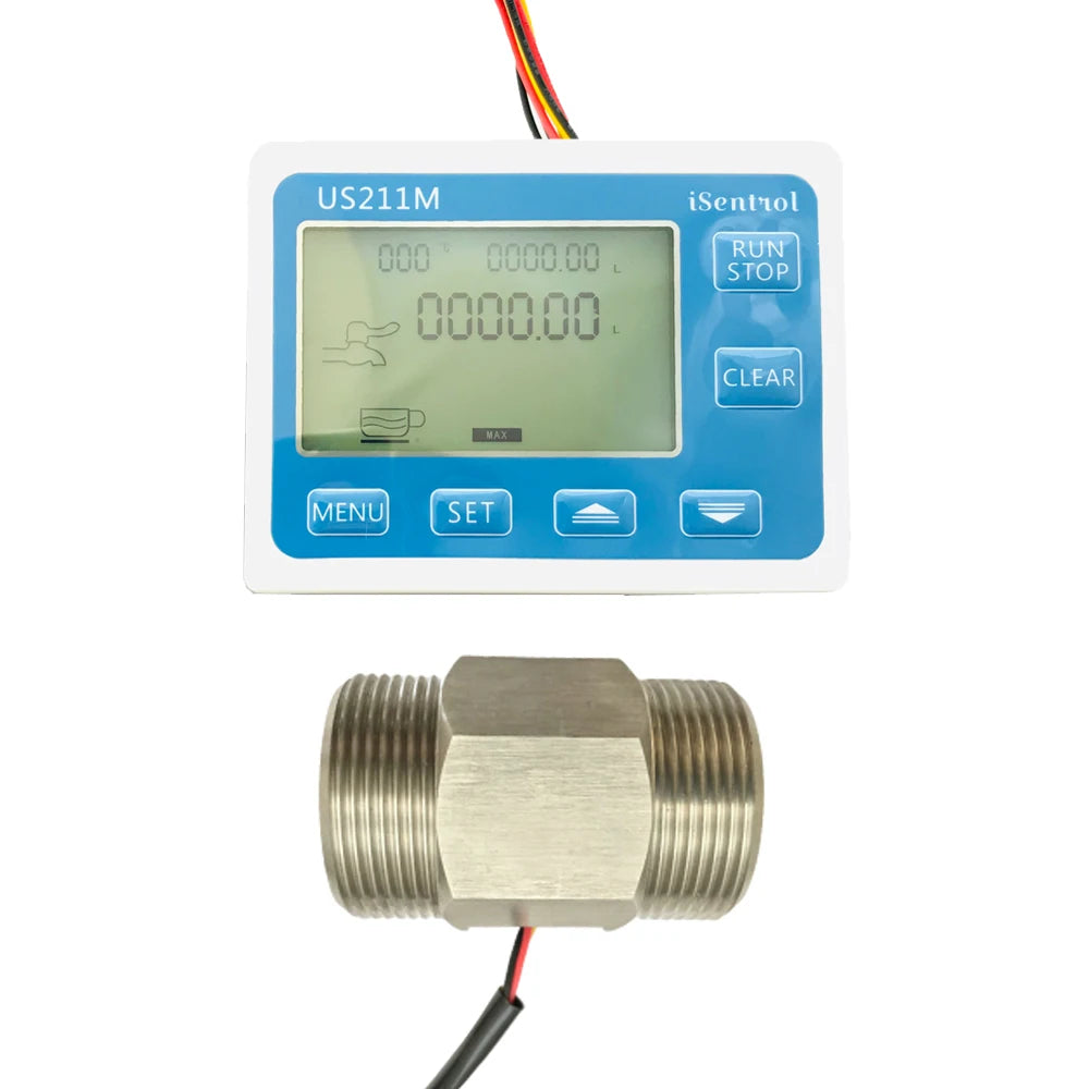Digital flow meter with stainless steel sensor and LCD display unit.