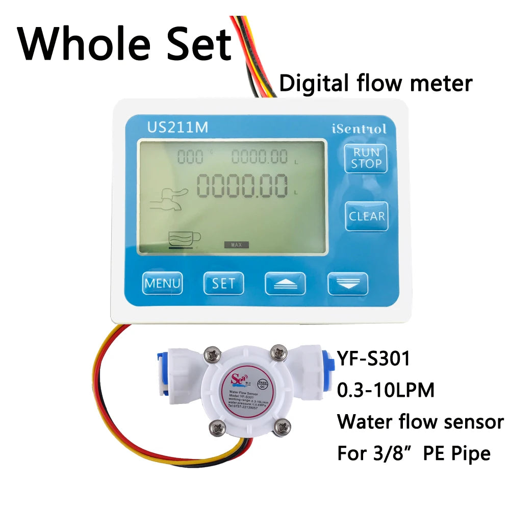 The digital flow meter and turbine sensor displayed together, ready for installation.