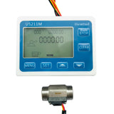 A front view of the complete hot water digital flow meter set, including the display and the stainless steel sensor.