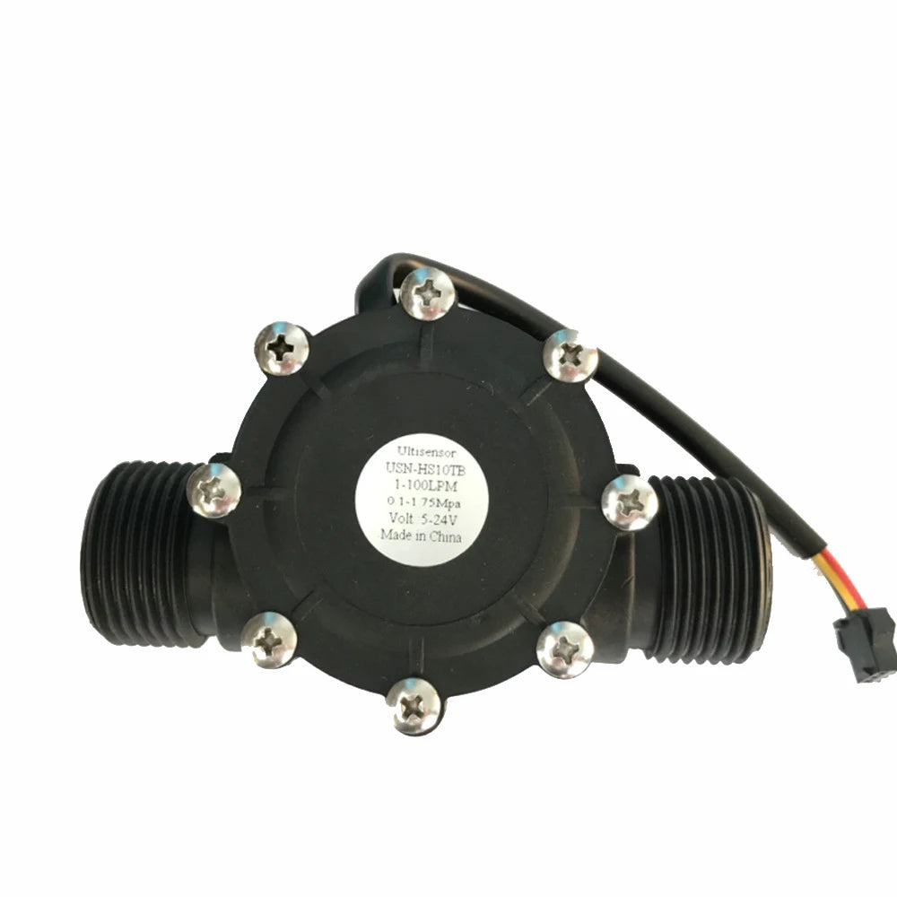 Close-up of the G1 inch thread PA66 nylon and fiberglass hall effect water flow sensor.