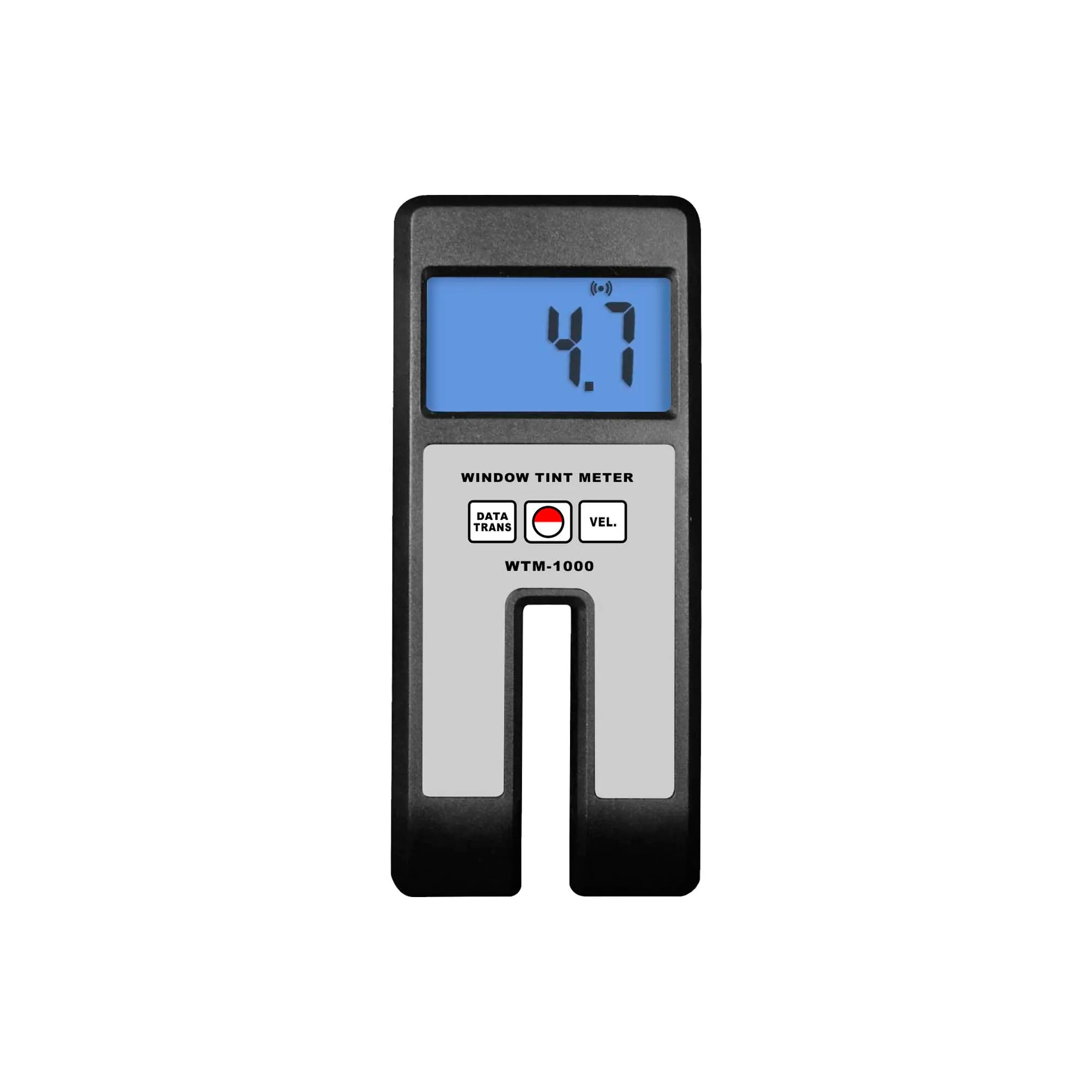 Handheld digital window tint meter showing a reading on its LCD screen