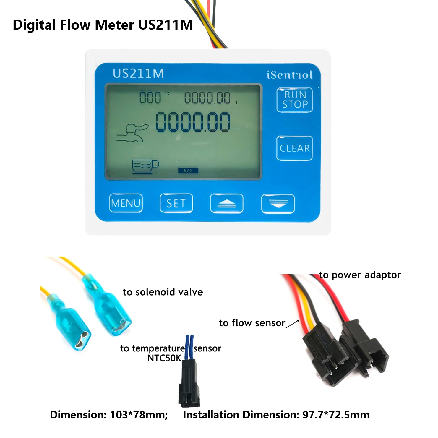 Rear view of the flow meter controller, showing the wiring ports for power, solenoid valve, and sensor inputs.