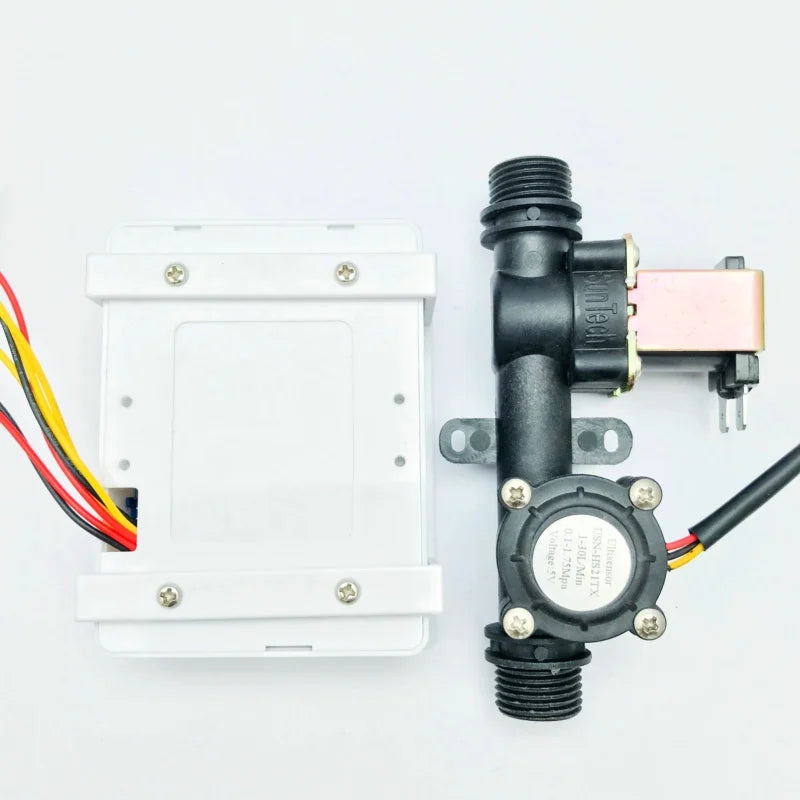 Diagram showing the dimensions and connection points of the water flow meter sensor and solenoid valve.