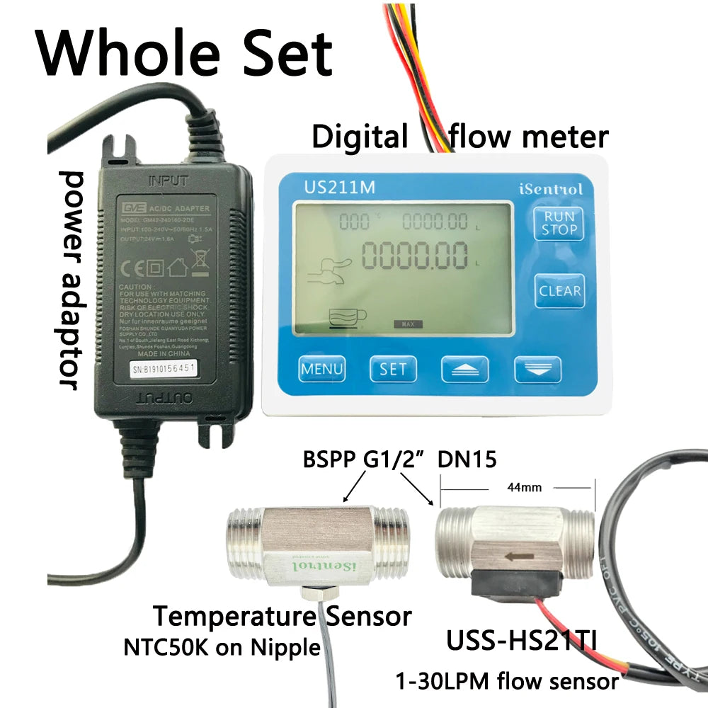Complete kit of the Digital Water Flow Meter, including the display controller, stainless steel flow sensor, and temperature probe.