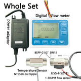 Complete kit of the Digital Water Flow Meter, including the display controller, stainless steel flow sensor, and temperature probe.