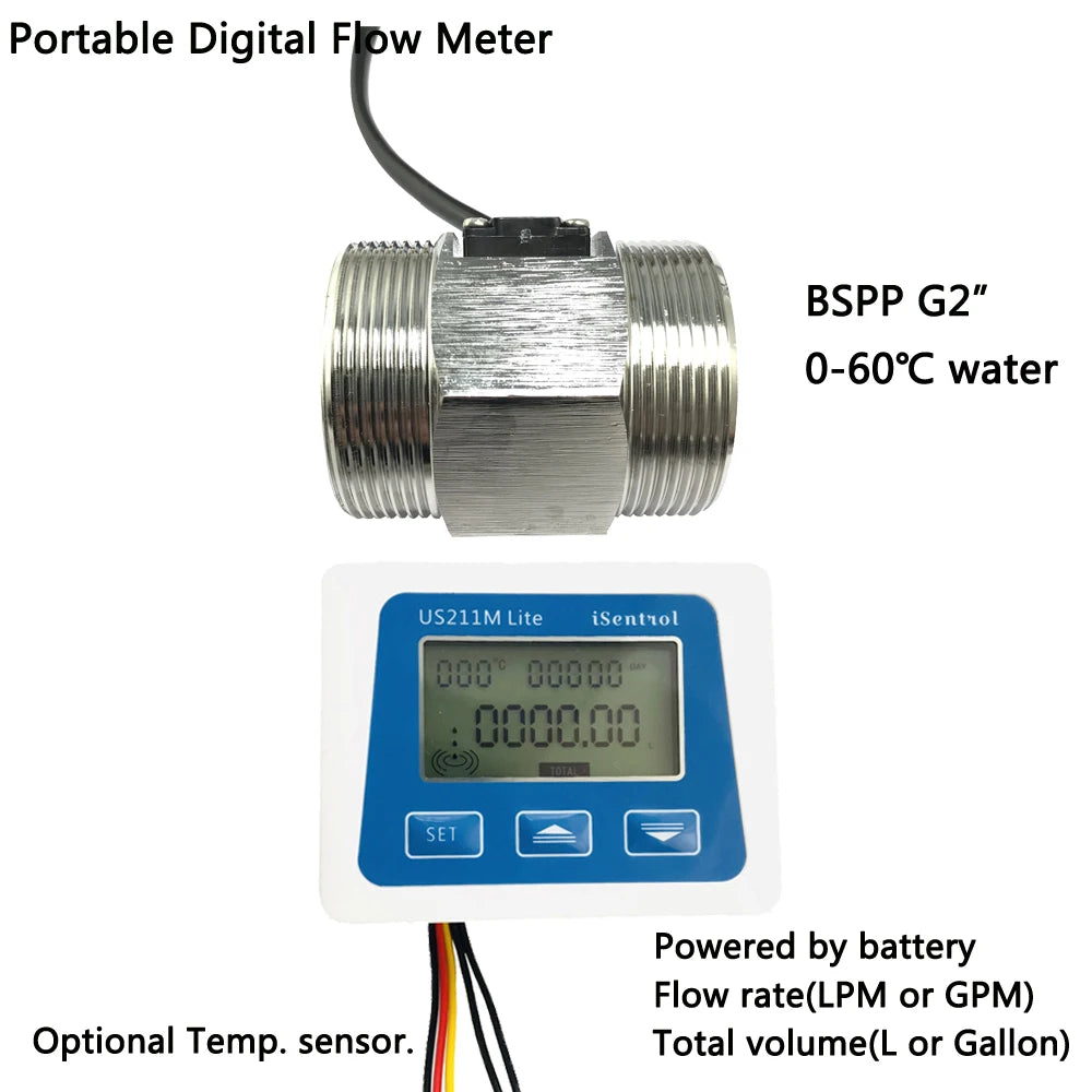 Close-up of the digital flowmeter's backlit LCD screen, showing flow, volume, and temperature readings clearly.