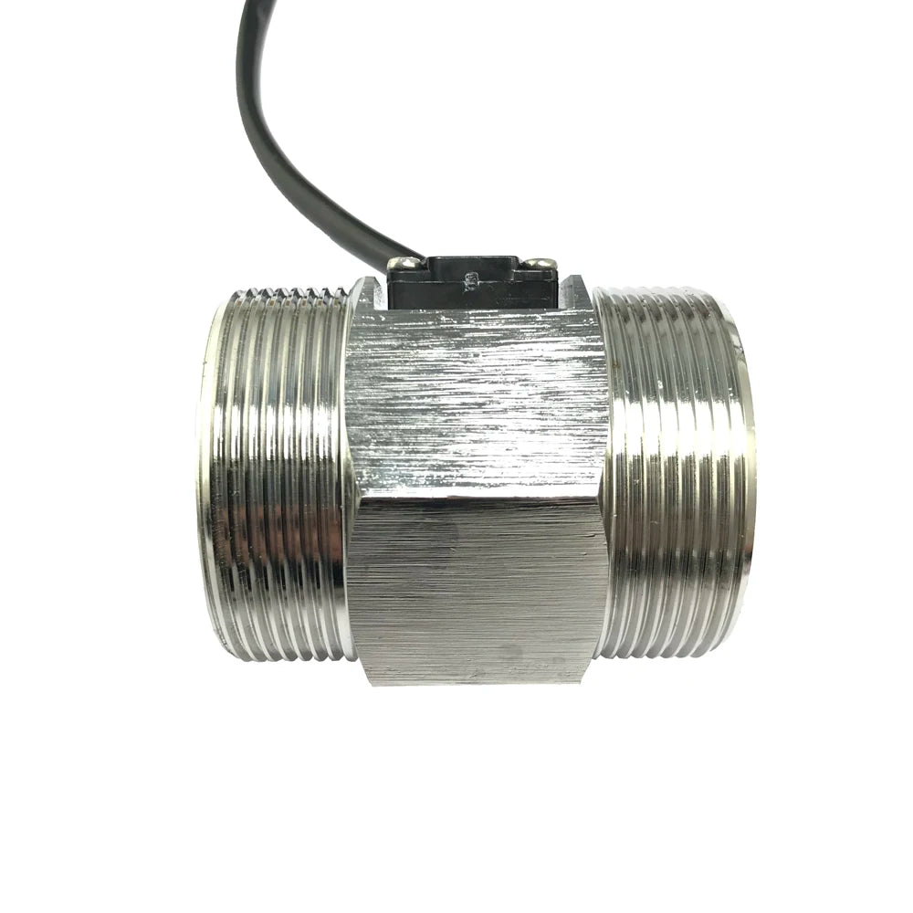 Detailed shot of the SUS304 stainless steel turbine flow sensor with G2'' male threading for secure connection.